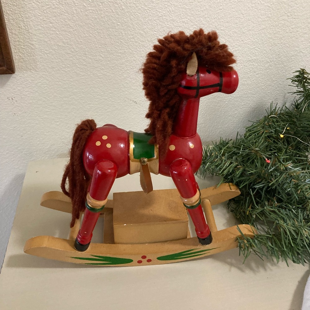 Vintage Hand Painted Red Wood Rocking Horse Ornament